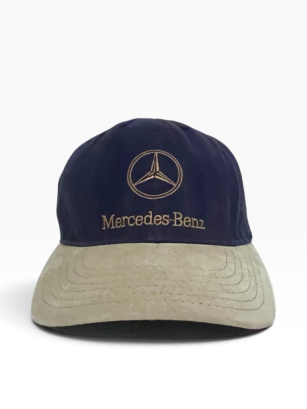 Mercedes Benz Vintage Hat Cap Navy with Beige Suede Brim Logo Made in USA